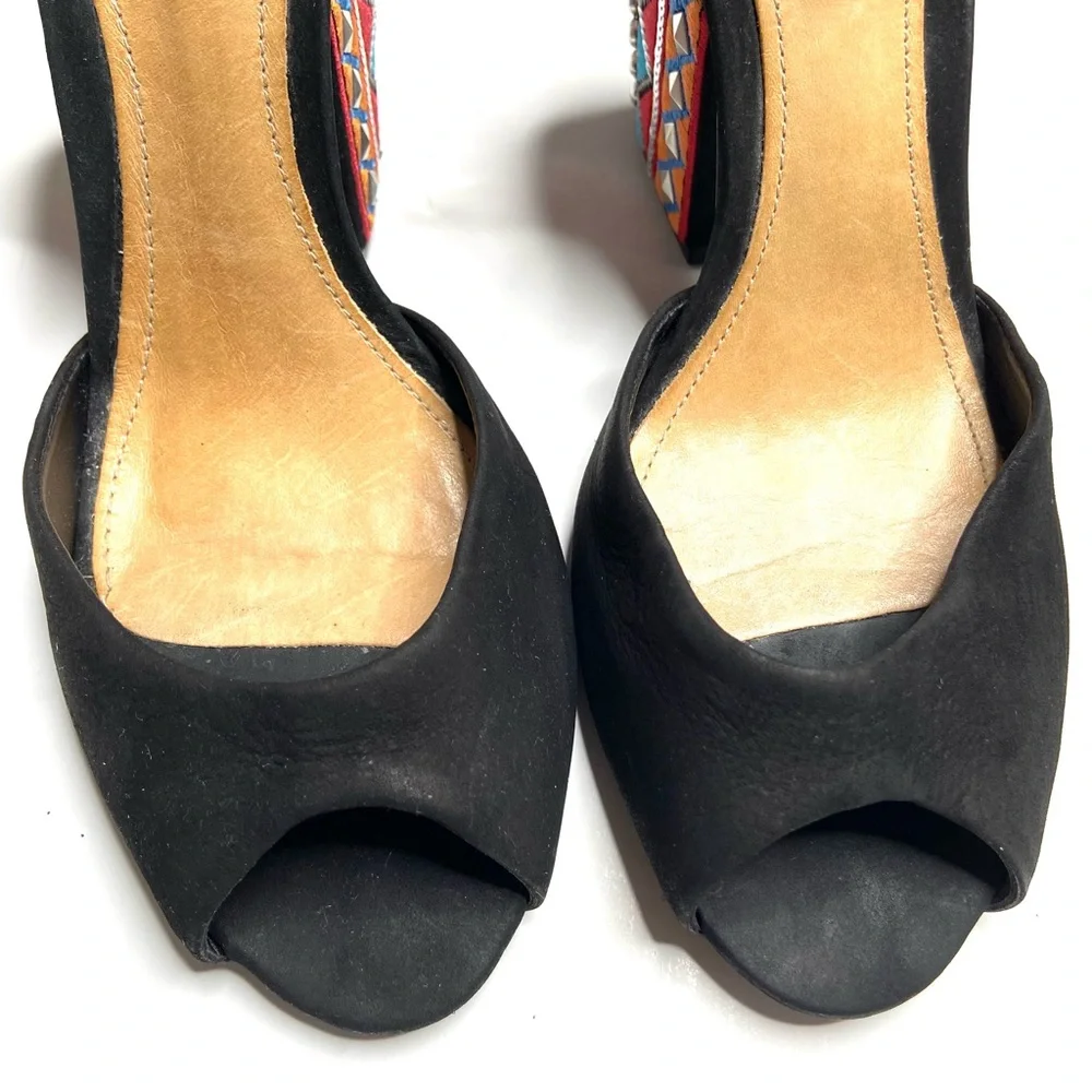 Schutz Black Suede Open Toe Ankle Strap Embroidered Block Heel Size 38